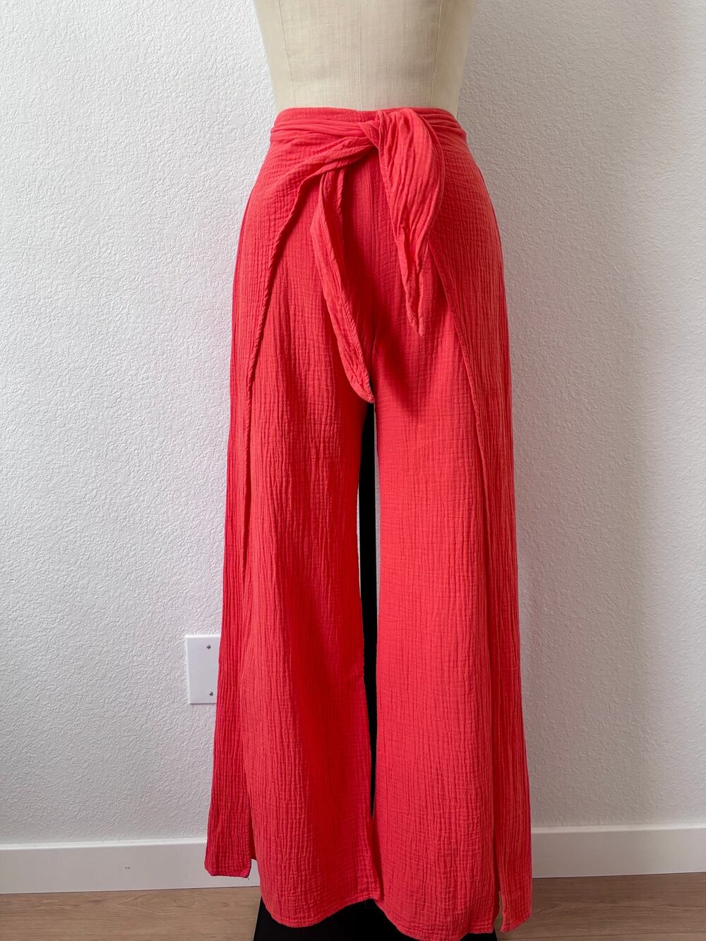 YFB - Wide Leg Pull On Gauze Waist-Tie Wrap Pants with Side Slits Size S